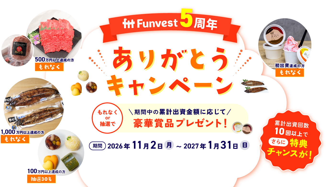 Funvest5周年ありがとうキャンペーン もれなくor抽選で期間中の累計出資金額に応じて豪華賞品プレゼント！ 期間　2026年11月2日（月） ~ 2027年1月31日（日）